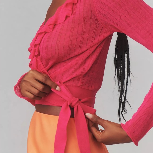 Anthropologie Maeve Linen Ruffled Wrap Cardigan Sweater - Picture 8 of 8